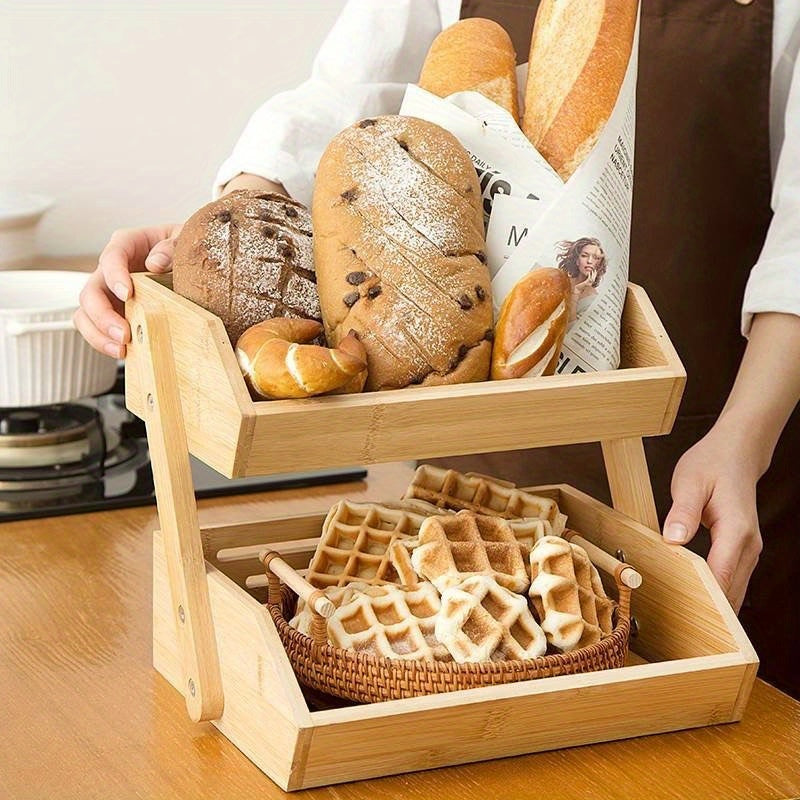 2-Tier Bamboo Kitchen Fruit and Vegetable Basket for Countertop Storage