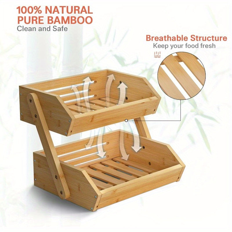2-Tier Bamboo Kitchen Fruit and Vegetable Basket for Countertop Storage