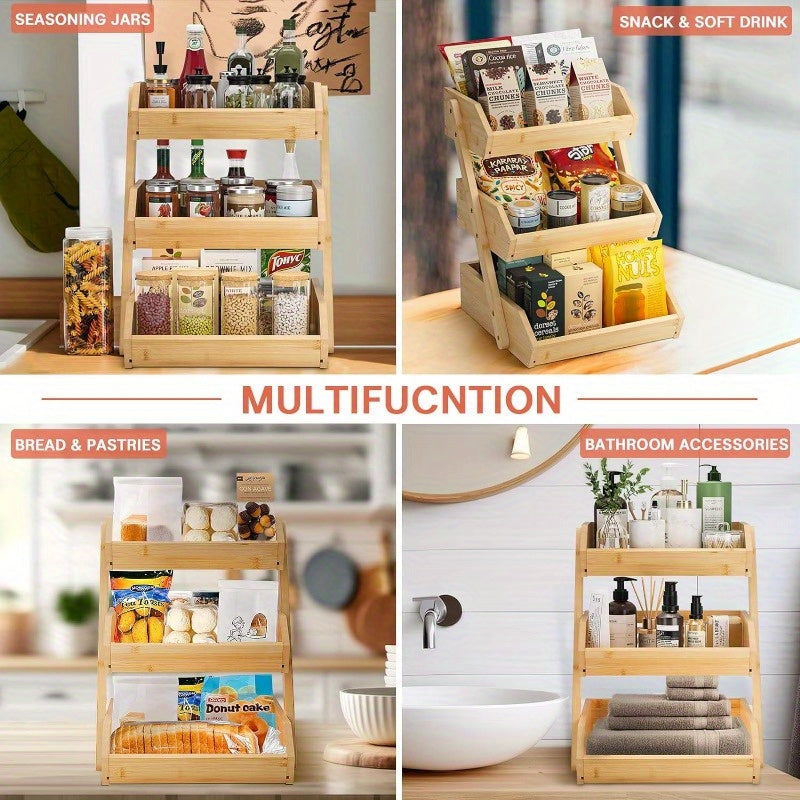 Bamboo Kitchen Organizer Three Tiers for Fruits Vegetables Bread Countertop Storage