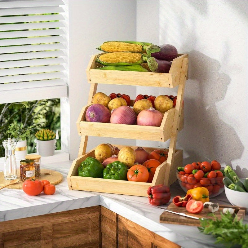 Bamboo Kitchen Organizer Three Tiers for Fruits Vegetables Bread Countertop Storage