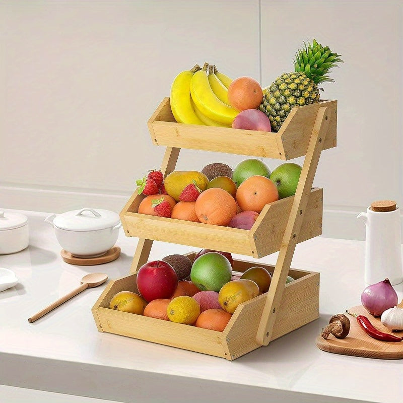 Bamboo Kitchen Organizer Three Tiers for Fruits Vegetables Bread Countertop Storage