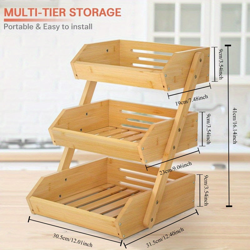 Bamboo Kitchen Organizer Three Tiers for Fruits Vegetables Bread Countertop Storage