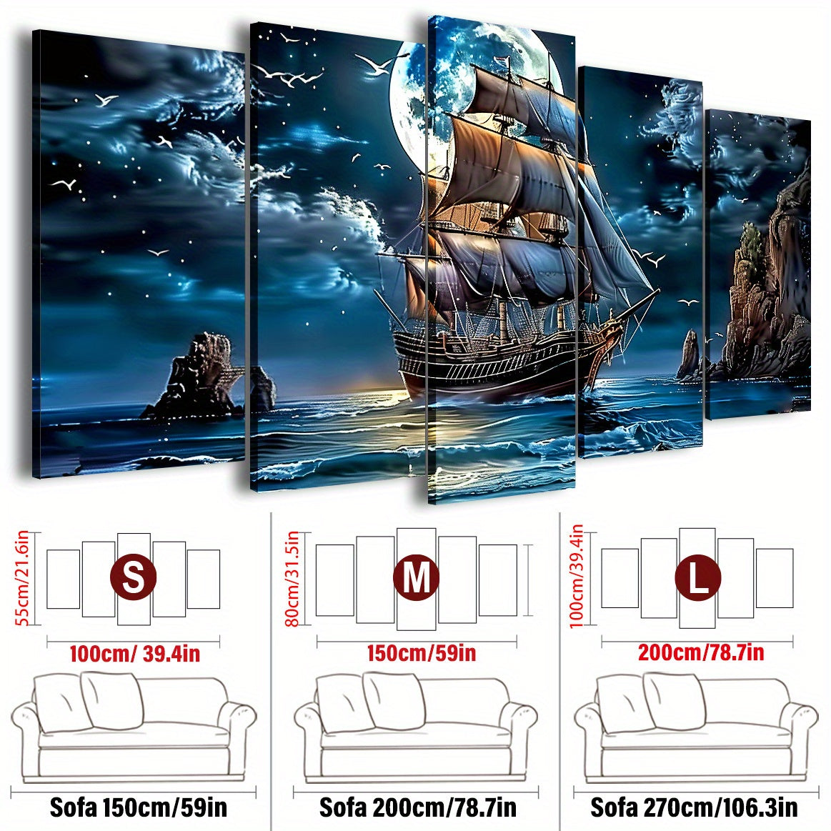 5-Piece Nautical Canvas Wall Art Set Vintage Sailing Boat Prints for Home Office Decor