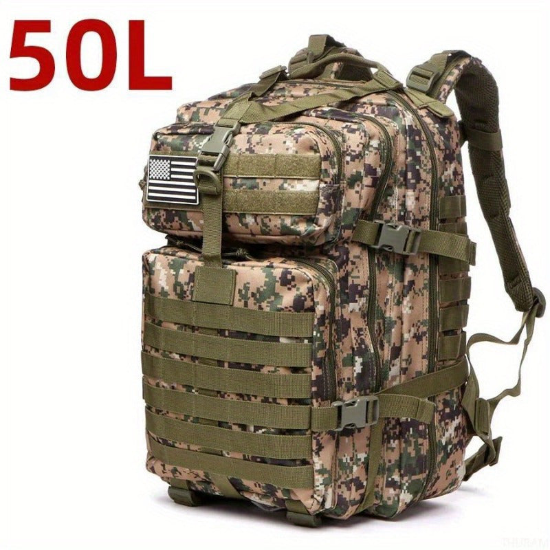 Waterproof Camo Tactical Backpack 25L/50L Nylon with American Flag Patch for Camping Hiking Fishing