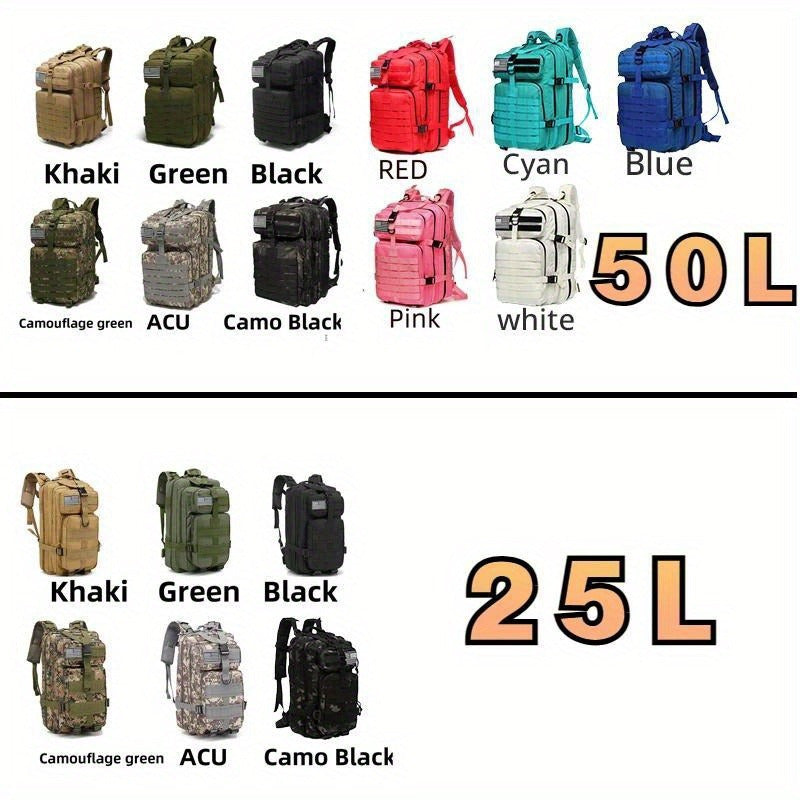 1000D Nylon'dan tayyorlangan mustahkam 25L/50L Camo taktik rucksack. Suv o'tkazmaydigan, Amerika bayrog'i yamoqi va bir nechta bo'limlarga ega. Kamping, piyoda sayohat, baliq ovlash uchun sozlanadigan kamarlar mavjud.