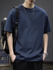 Camiseta de algodón sólida para hombre de manga corta con cuello redondo, ropa casual de verano