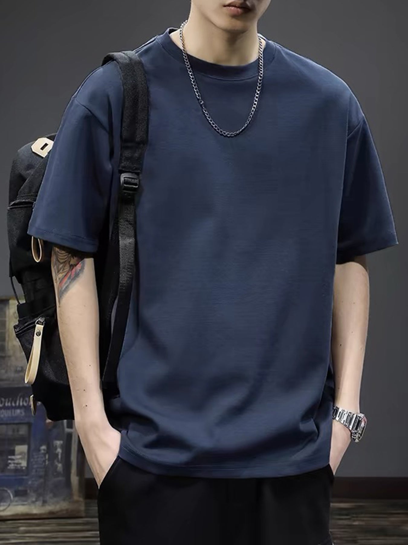 Camiseta de algodón sólida para hombre de manga corta con cuello redondo, ropa casual de verano