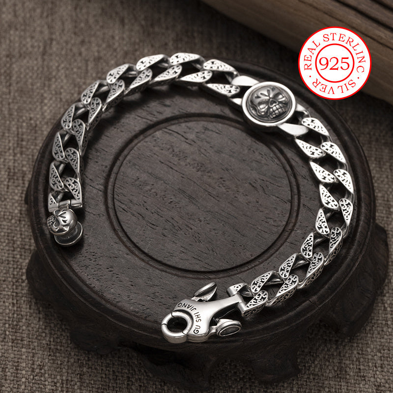 Sterling Silver Skull Charm Bracelet for Men Women Adjustable Cuban Link Jewelry