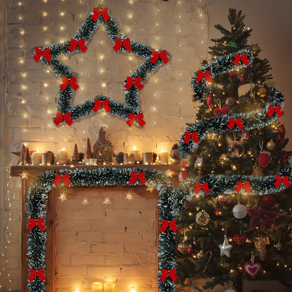 30 LED Christmas Tinsel Garland Set Battery Powered for Fireplace Mantel and Staircase