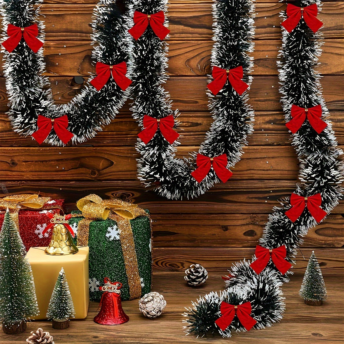 30 LED Christmas Tinsel Garland Set Battery Powered for Fireplace Mantel and Staircase