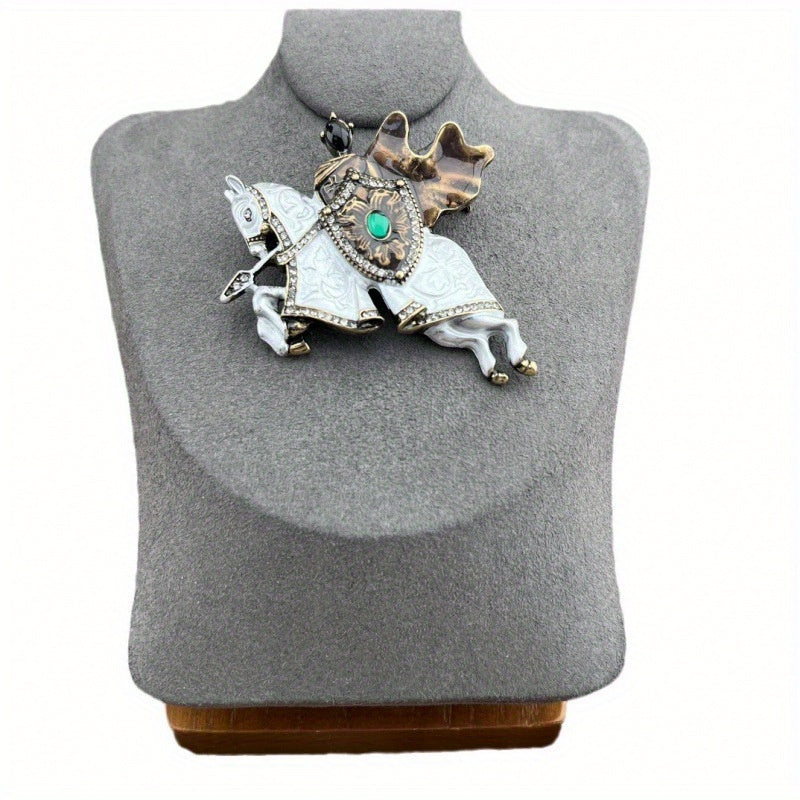 Vintage Style Knight's Horse Brooch Enamel Animal Badge with Rhinestones Unisex Elegant Accessory