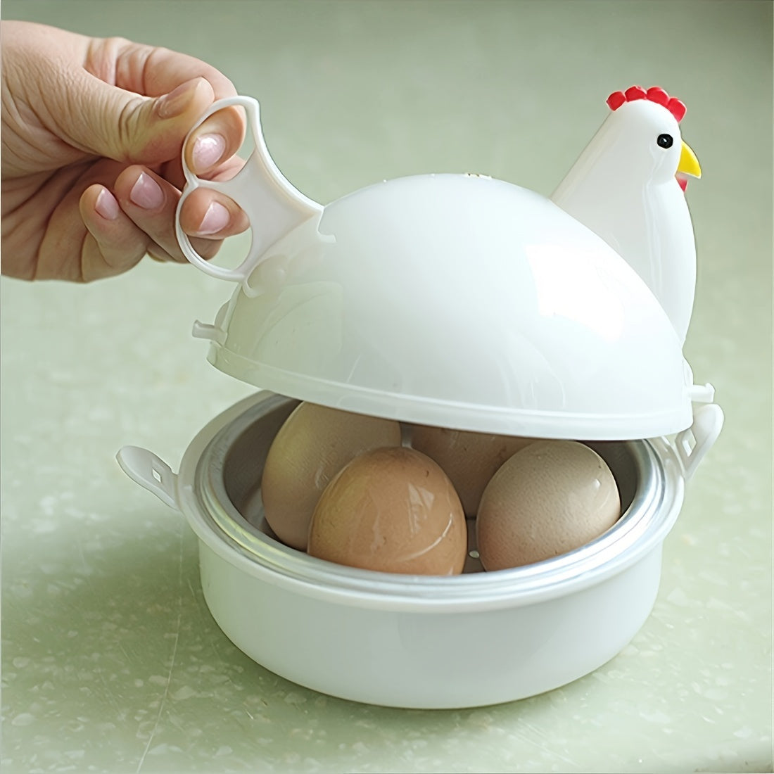 Cocedor al vapor para huevos en forma de pollo de aluminio para microondas de 4 tazas