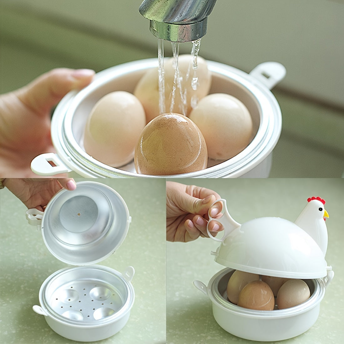Cocedor al vapor para huevos en forma de pollo de aluminio para microondas de 4 tazas