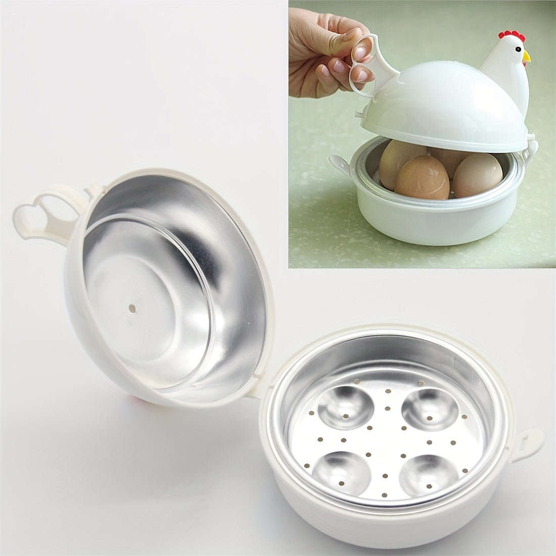 Cocedor al vapor para huevos en forma de pollo de aluminio para microondas de 4 tazas