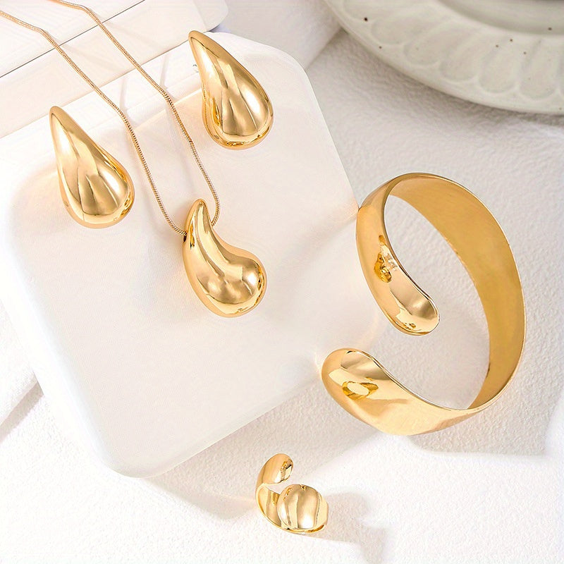 Gold-Tone Jewelry Set with Drop Earrings Necklace Bracelet Ring for Women