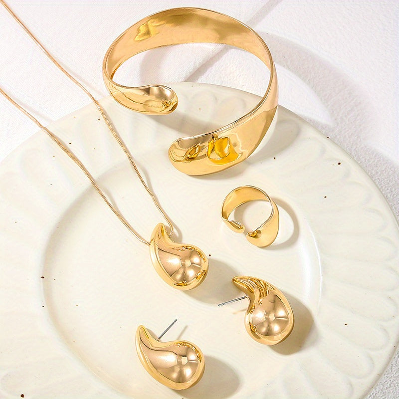 Gold-Tone Jewelry Set with Drop Earrings Necklace Bracelet Ring for Women