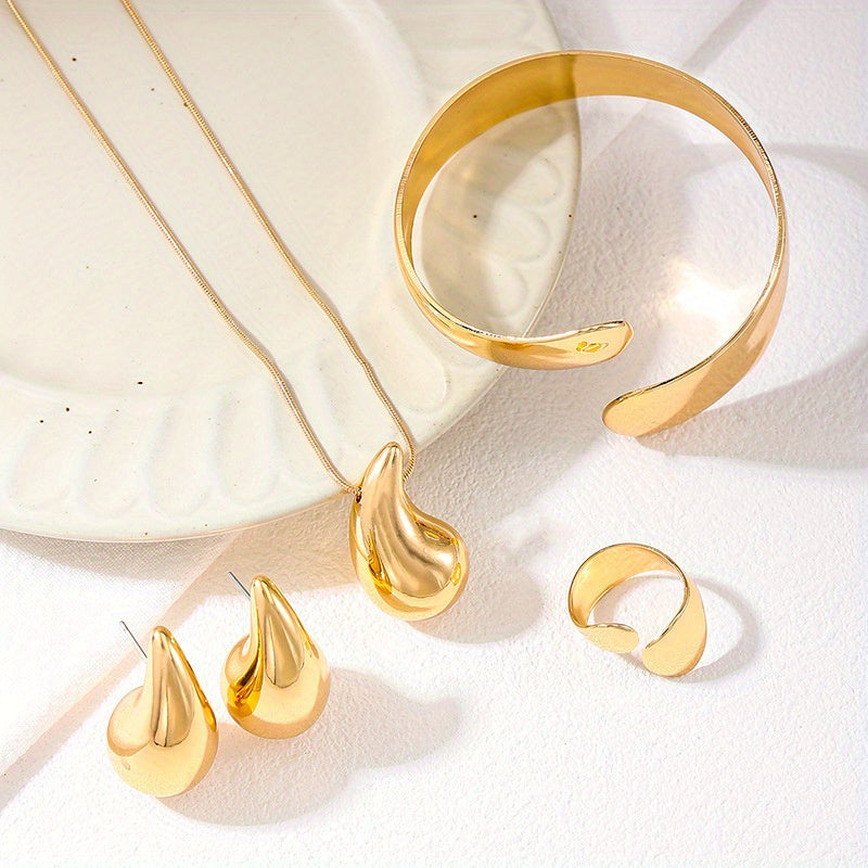 Gold-Tone Jewelry Set with Drop Earrings Necklace Bracelet Ring for Women