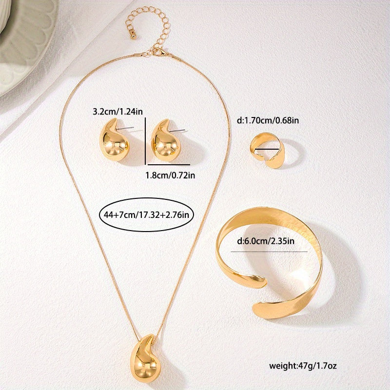 Gold-Tone Jewelry Set with Drop Earrings Necklace Bracelet Ring for Women