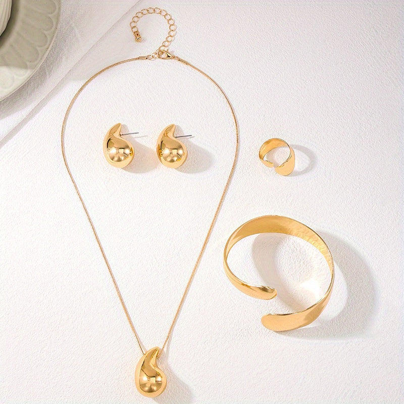 Gold-Tone Jewelry Set with Drop Earrings Necklace Bracelet Ring for Women