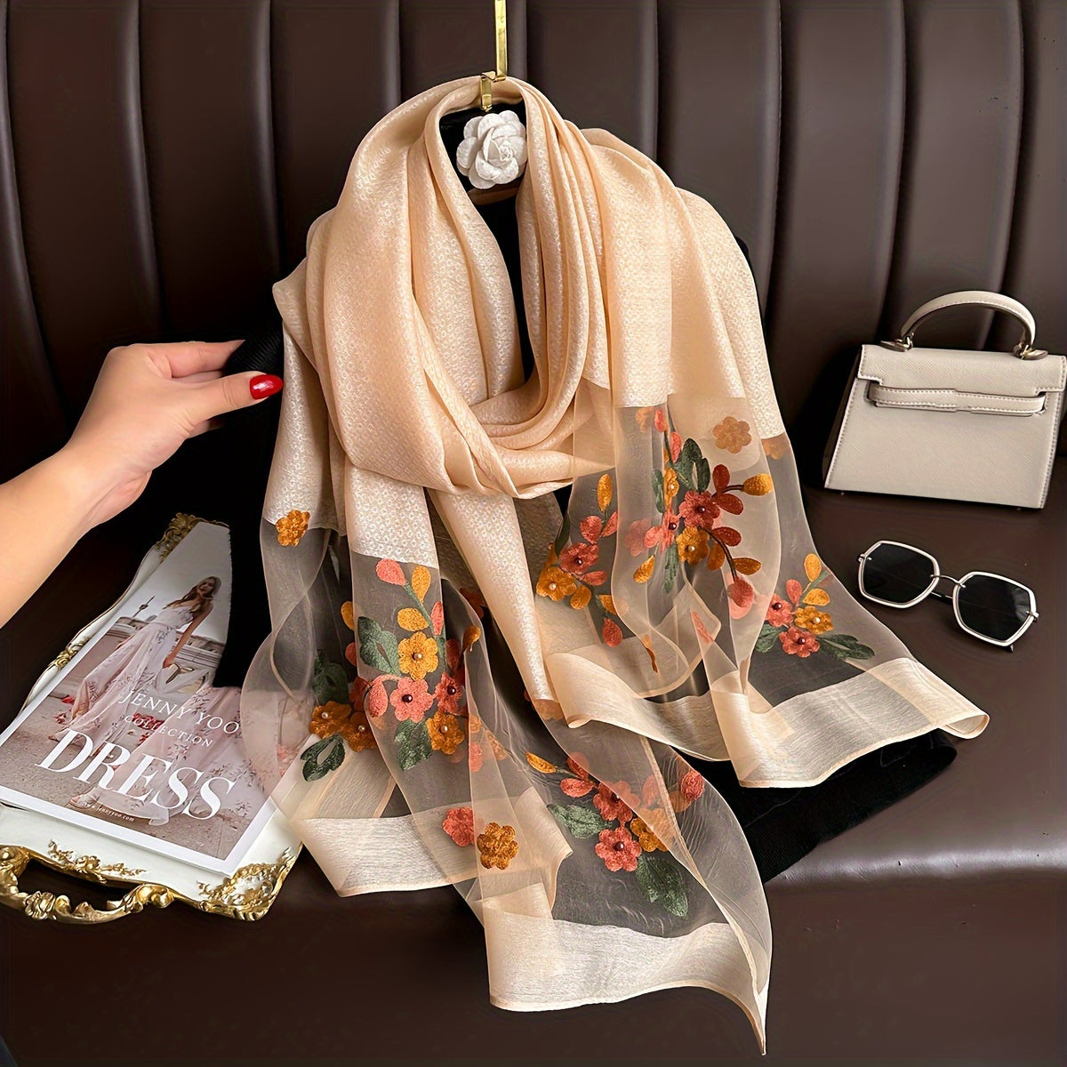 Women's Lightweight Scarf with Delicate Flower Embroidery Breathable Fabric for Evening and Travel