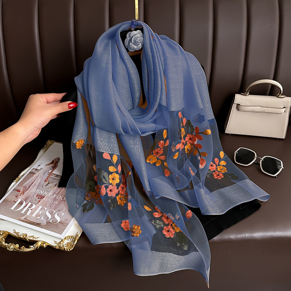 Women's Lightweight Scarf with Delicate Flower Embroidery Breathable Fabric for Evening and Travel