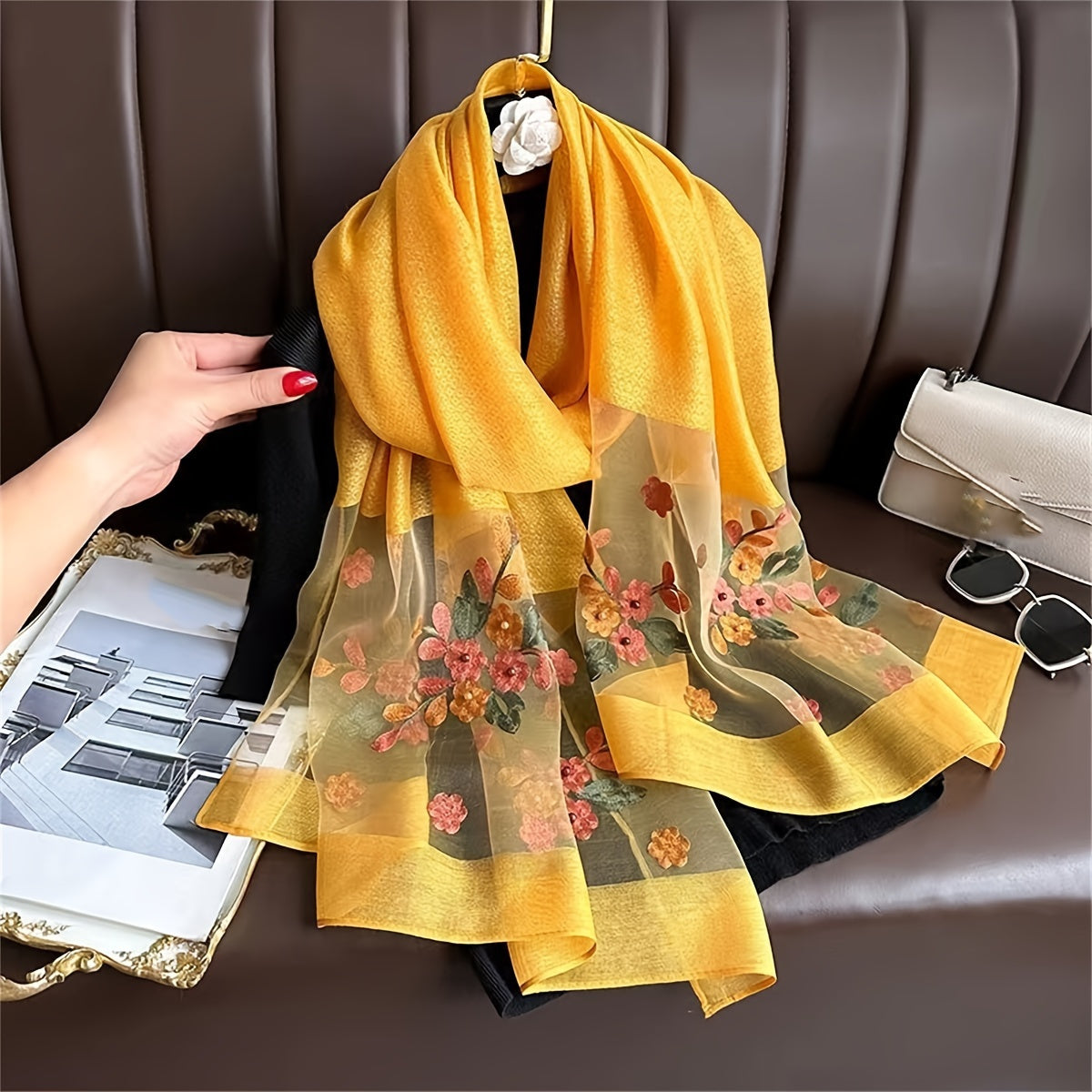 Women's Lightweight Scarf with Delicate Flower Embroidery Breathable Fabric for Evening and Travel