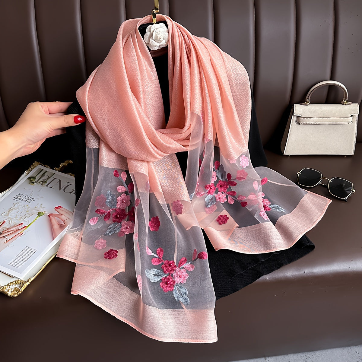 Women's Lightweight Scarf with Delicate Flower Embroidery Breathable Fabric for Evening and Travel