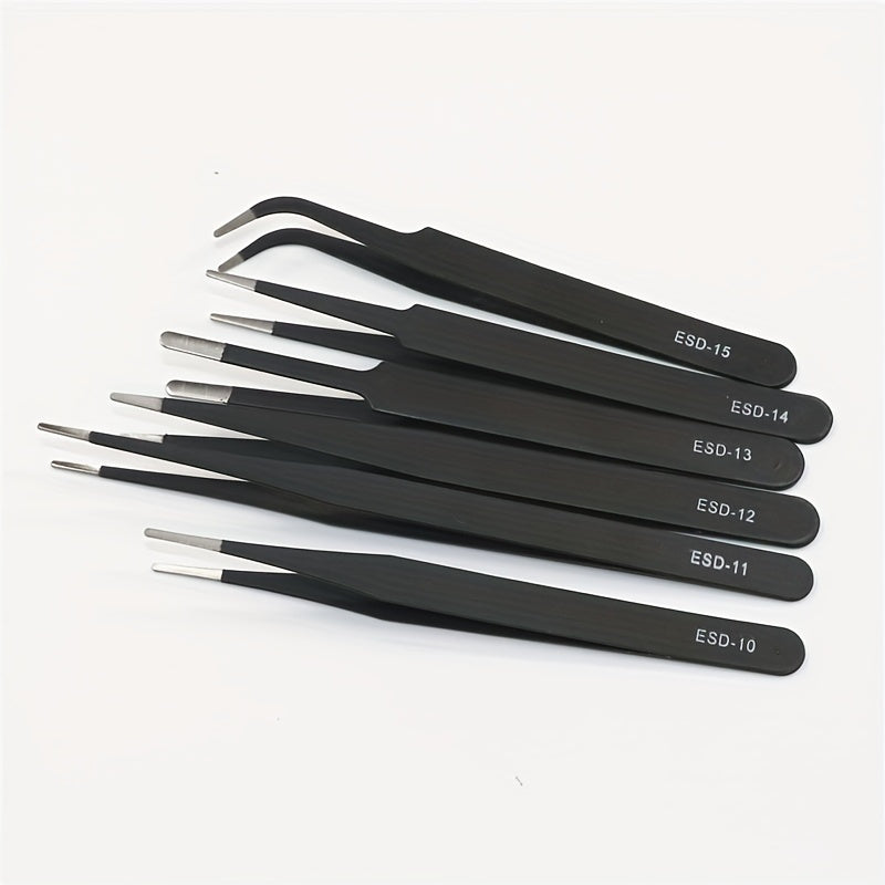 6-Piece ESD Safe Stainless Steel Tweezers Set for Precision Electronics Repair and DIY