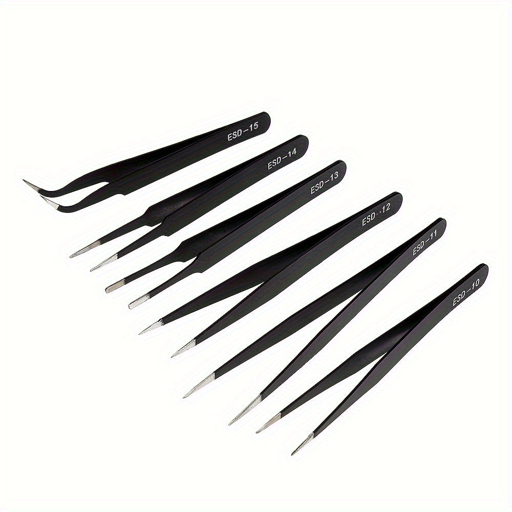 6-Piece ESD Safe Stainless Steel Tweezers Set for Precision Electronics Repair and DIY