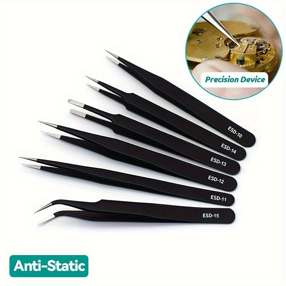 6-Piece ESD Safe Stainless Steel Tweezers Set for Precision Electronics Repair and DIY