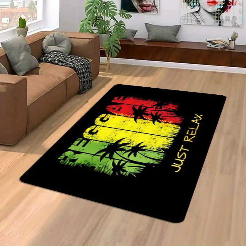 Polyester Area Rug with Reggae Theme, Non-Slip Washable Mat for Entryway and Bedroom