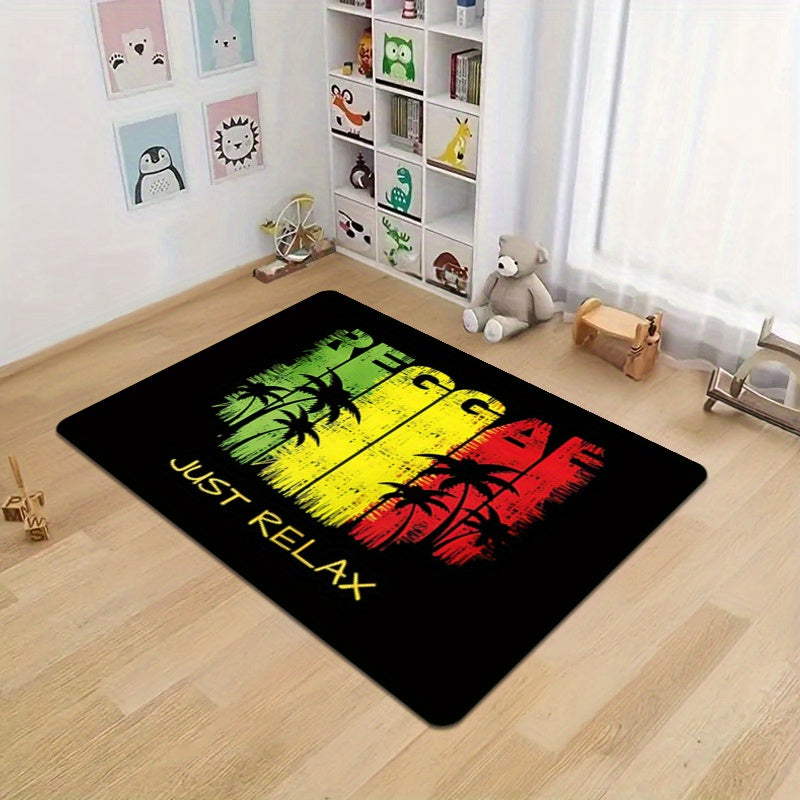 Polyester Area Rug with Reggae Theme, Non-Slip Washable Mat for Entryway and Bedroom
