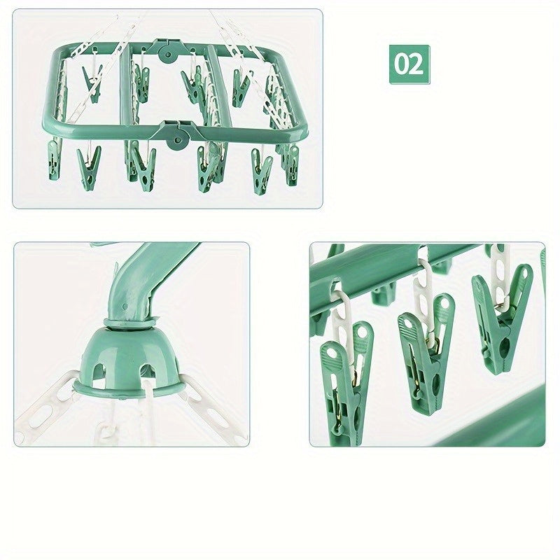 Plastic Laundry Drying Rack with 32 Clips Swivel Hook Space-Saving Organizer