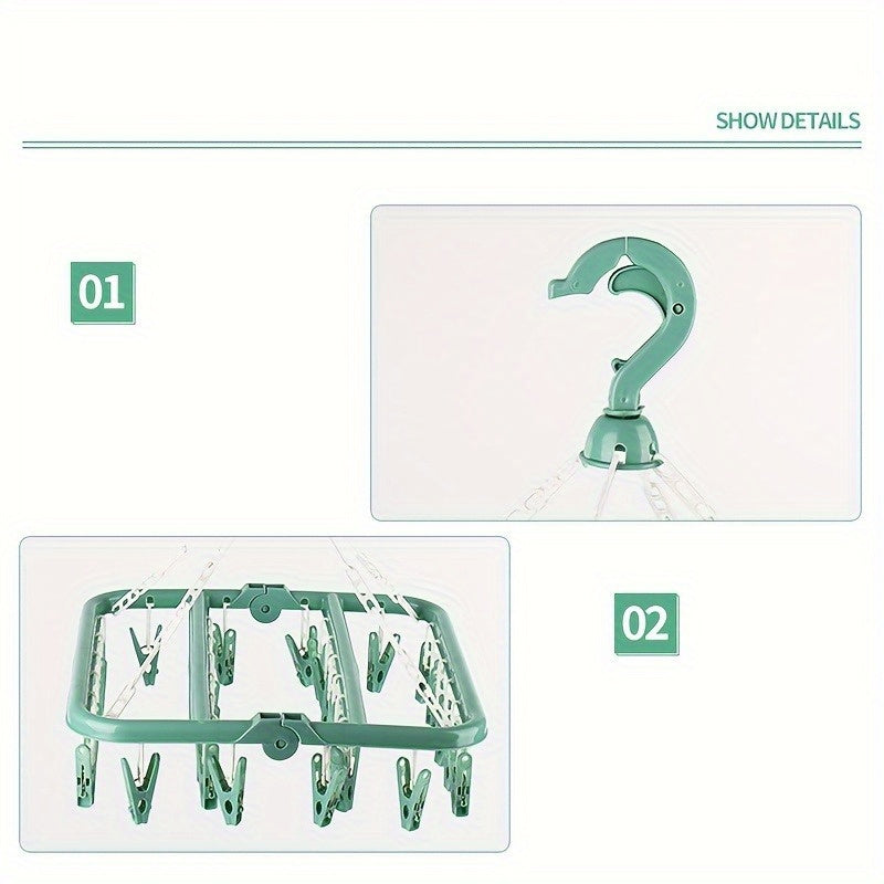 Plastic Laundry Drying Rack with 32 Clips Swivel Hook Space-Saving Organizer