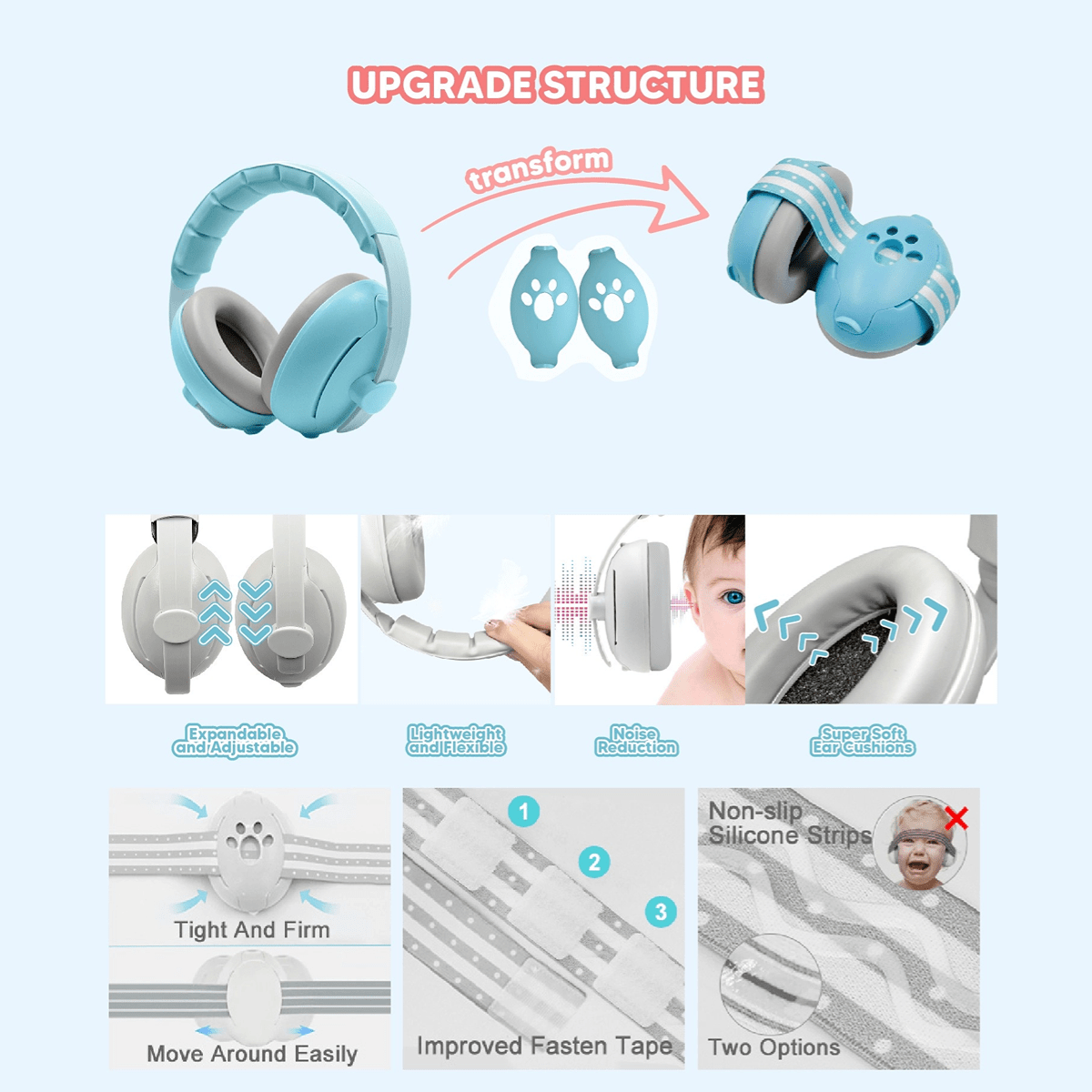 Kids Noise-Cancelling Ear Muffs 2-in-1 Lead-Free White Pink Blue Hearing Protection