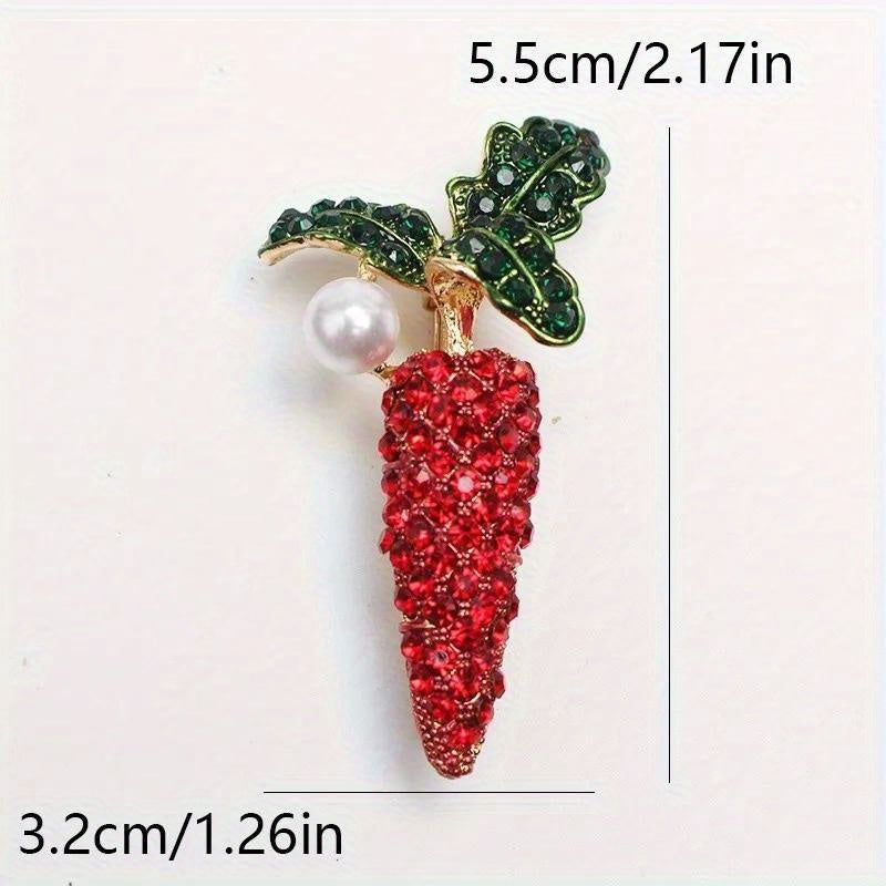 Crystal Carrot and Faux Pearl Brooch, Rhinestone Plant Shape for Women