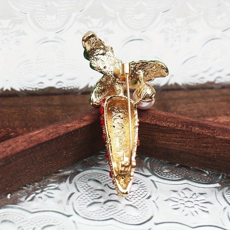 Crystal Carrot and Faux Pearl Brooch, Rhinestone Plant Shape for Women