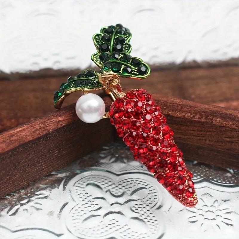 Crystal Carrot and Faux Pearl Brooch, Rhinestone Plant Shape for Women
