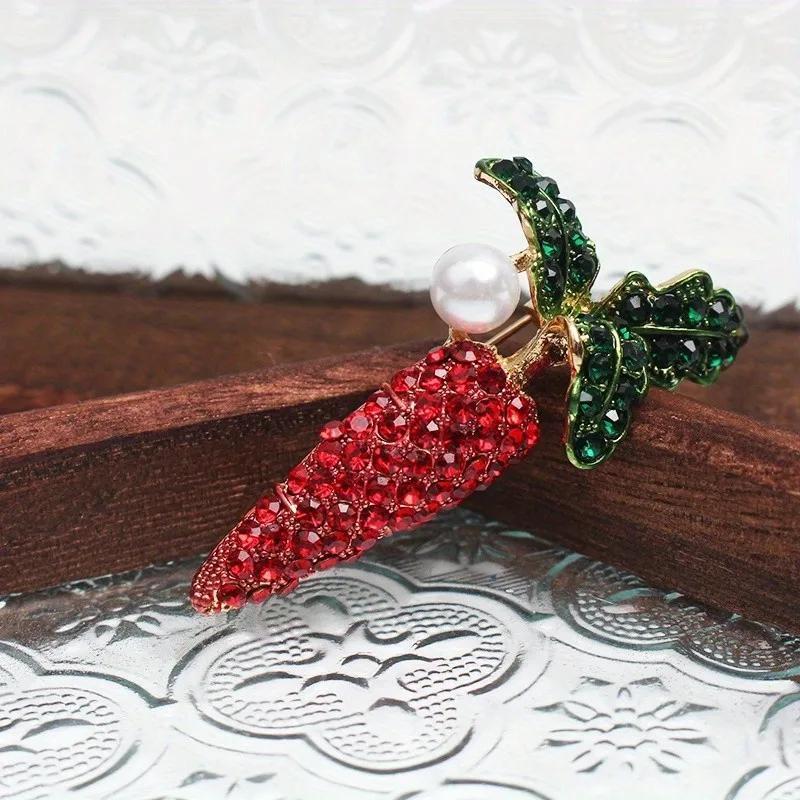 Crystal Carrot and Faux Pearl Brooch, Rhinestone Plant Shape for Women