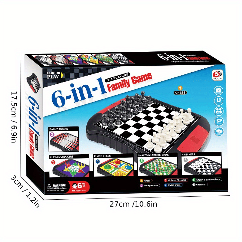 6-in-1 Family Board Game Set for Ages 8+ Includes Chess Ludo Backgammon and More