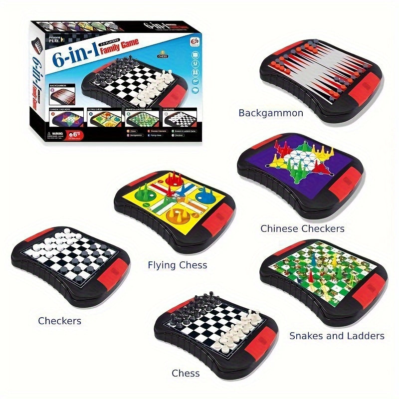 6-in-1 Family Board Game Set for Ages 8+ Includes Chess Ludo Backgammon and More