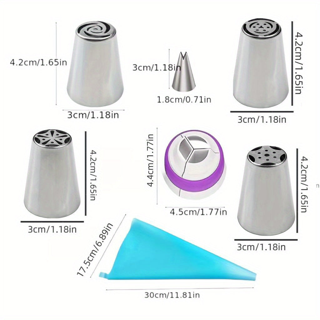 Set of 7 Stainless Steel Piping Tips for Decorating Cupcakes and Cakes