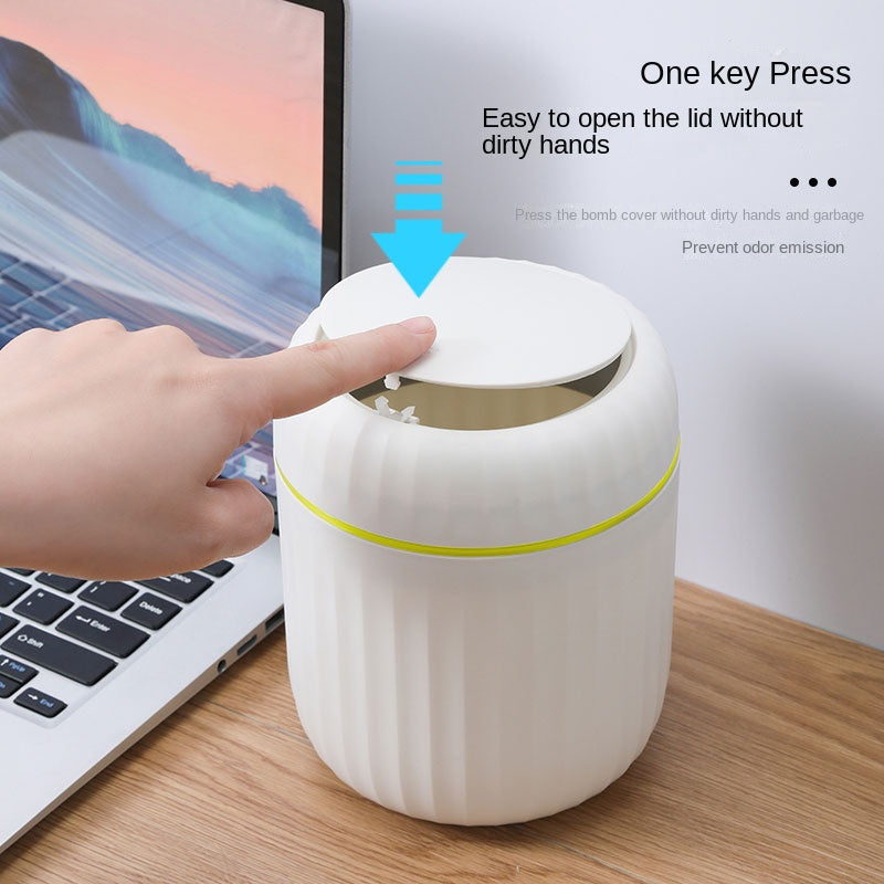 Cubo de basura de escritorio Press-Top con diseño de rayas romanas y tapa para oficina, sala de estar, estudio