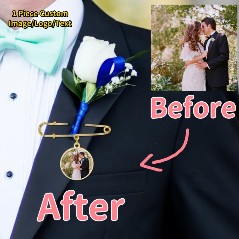 Personalized Metal Lapel Pin with Photo and Text Round Brooch for Weddings and Gifts