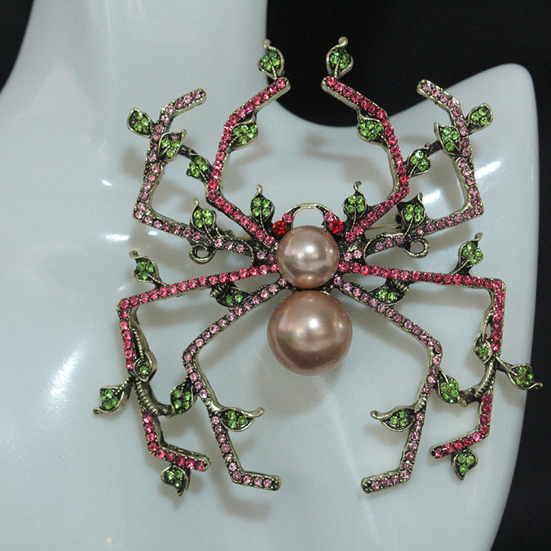 Vintage-Inspired Irregular-Shaped Rhinestone Spider Brooch with Pearl Center