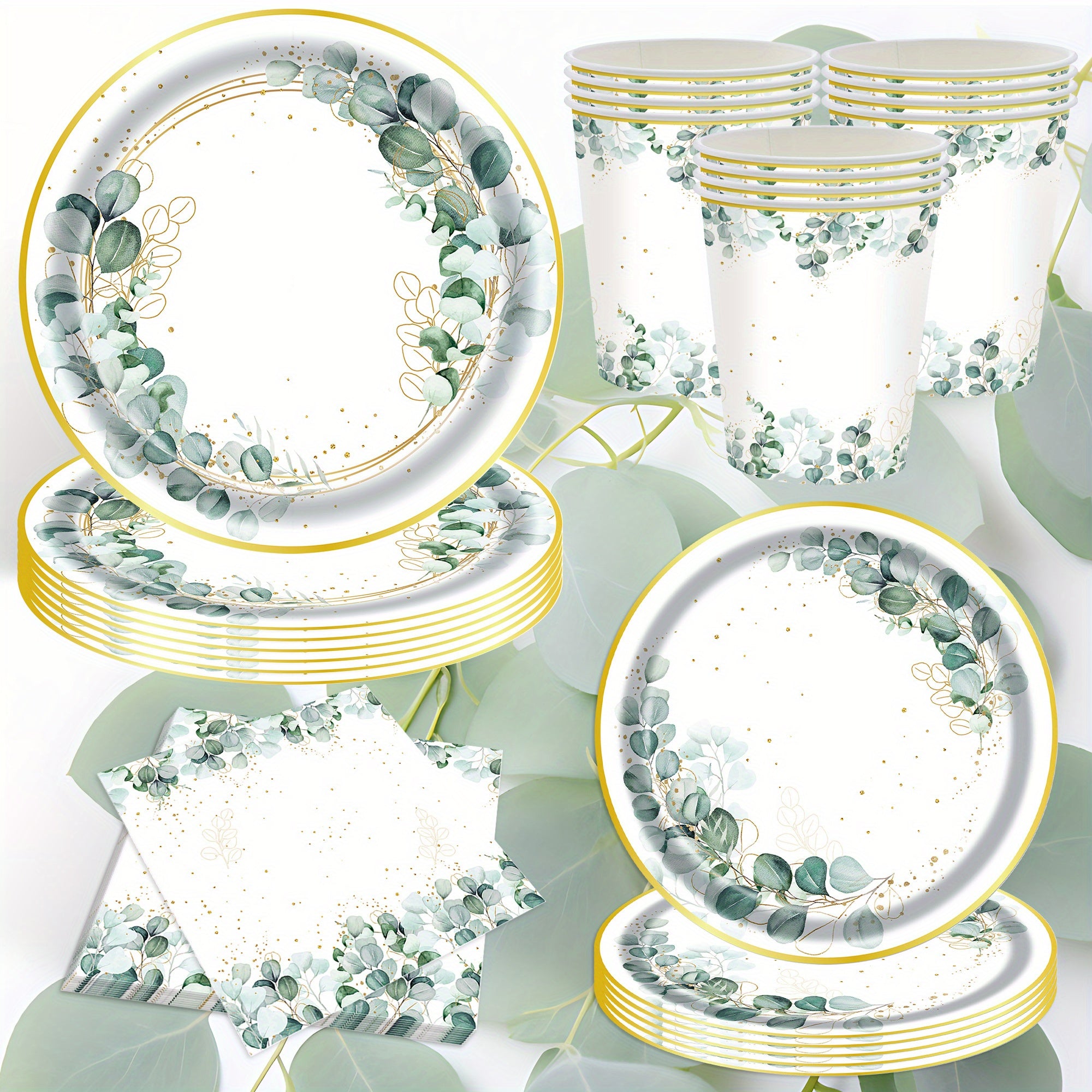 96pcs Eucalyptus Leaf Party Tableware Set for 24 Guests for Weddings and Bridal Showers