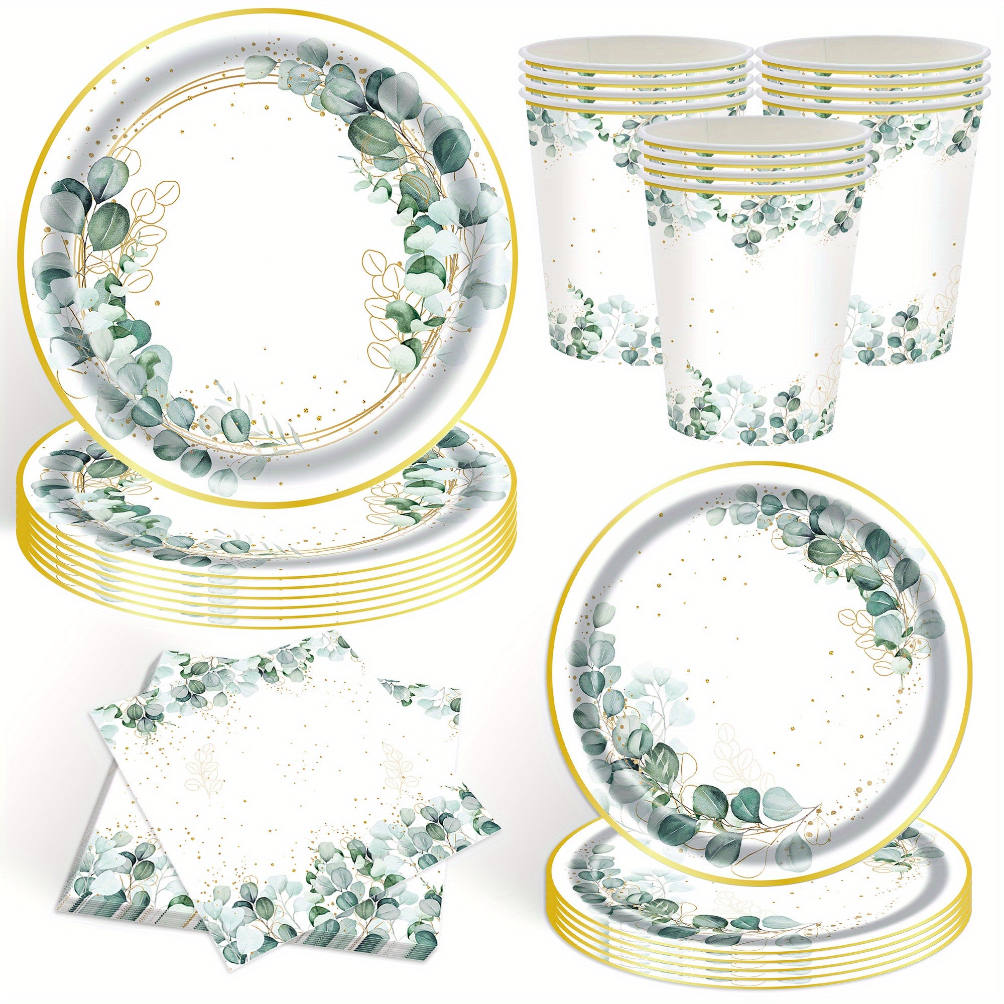 96pcs Eucalyptus Leaf Party Tableware Set for 24 Guests for Weddings and Bridal Showers