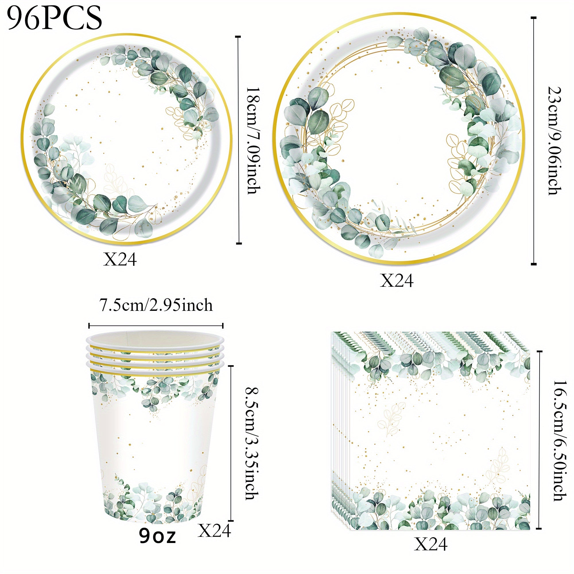 96pcs Eucalyptus Leaf Party Tableware Set for 24 Guests for Weddings and Bridal Showers