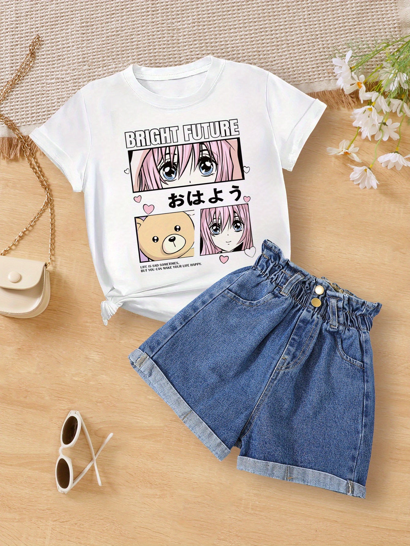 Girls Anime Girl Graphic Print T-Shirt Casual Summer Knit Top
