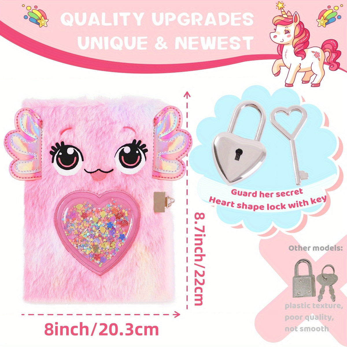 Pink Axolotl Plush Journal for Girls Ages 6-8 with Lock and Stickers